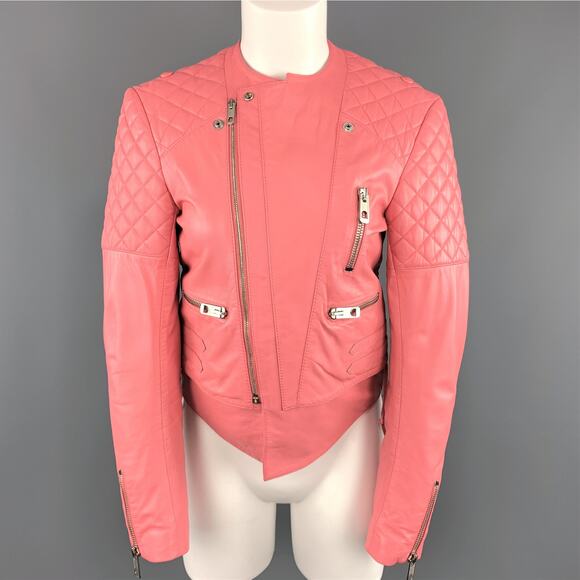BALENCIAGA Size 6 Pink Quilted Leather Moto Biker Jacket - Picture 2 of 9